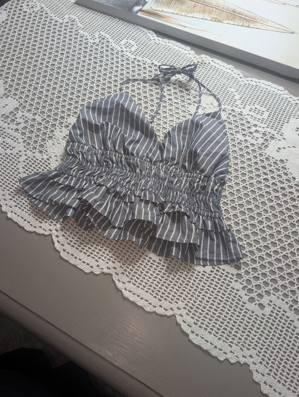 Sim And Sam Size Small Striped Blue Halter Ruffle Crop Top